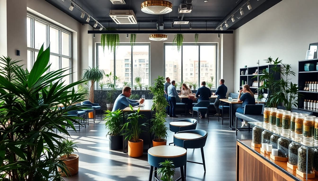 Cannabis Club Madrid showcasing a vibrant lounge filled with green plants and relaxed patrons.