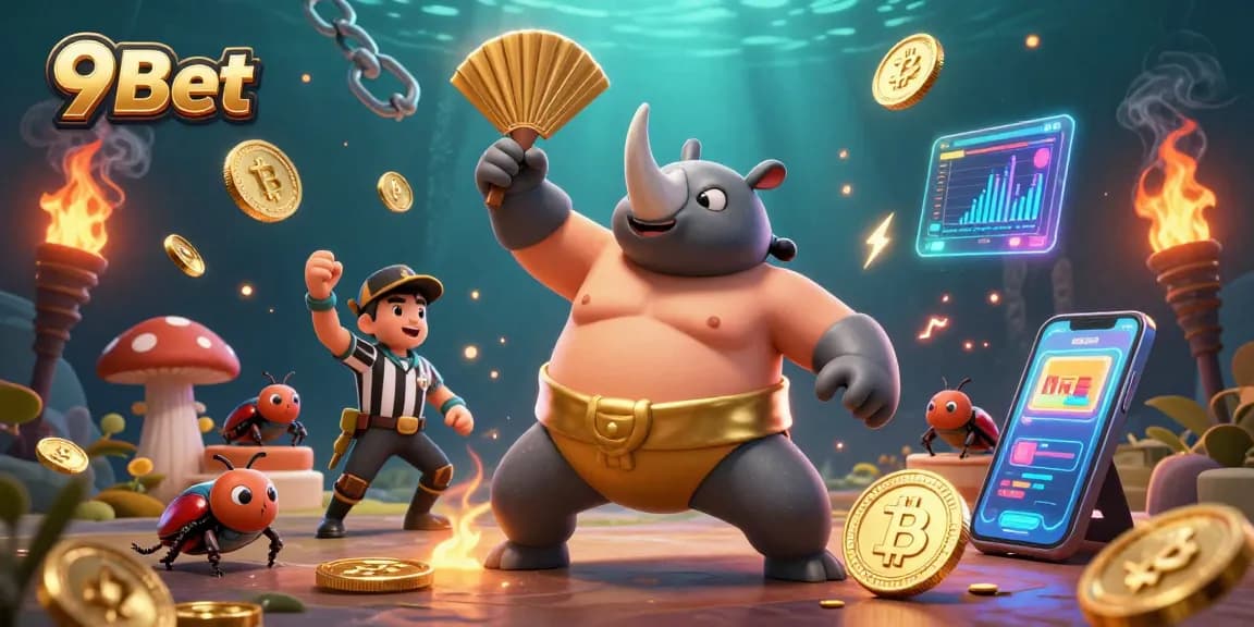 Experience the excitement of 9Bet with a sumo beetle champion amidst blockchain coins and vibrant casino elements.