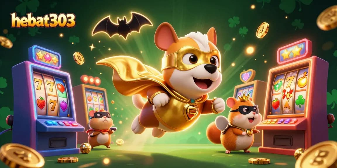 Experience winning moments with hebat303 as a superhero dog cartoon carries gold coins amidst dynamic slot machines.
