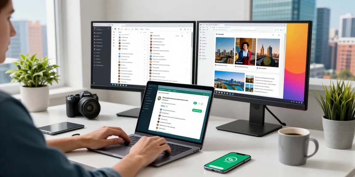 Using WhatsApp網頁版 on a laptop in a modern workspace.