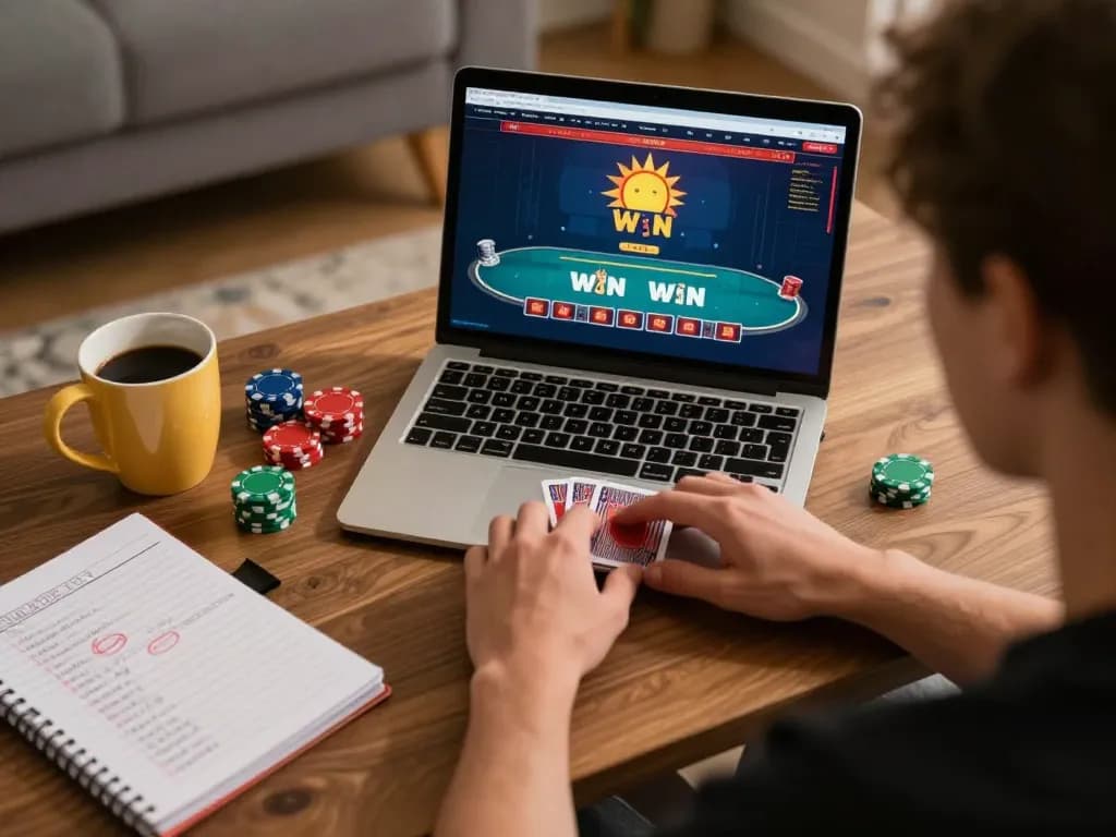 Player enjoys sun win poker gaming on a laptop in a cozy home setting, focused on strategy.