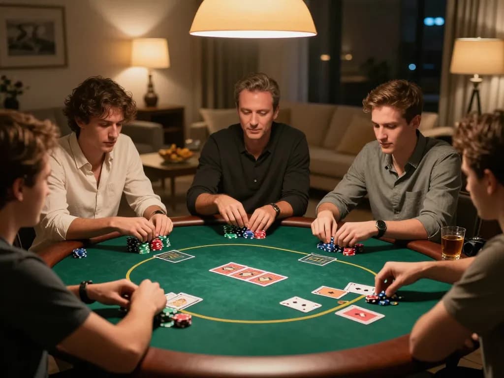 Friends enjoying a thrilling poker game at home with VT88 on the table, warm lighting creating a cozy atmosphere.