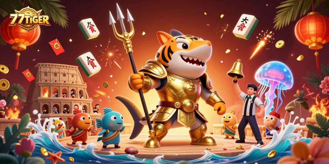 Experience the excitement of 777TIGER casino with vibrant gaming elements in a dynamic 3D scene.