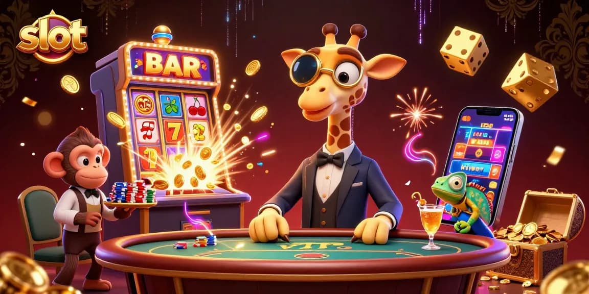 Spin the slots at a vibrant casino, featuring a high-roller giraffe alongside dynamic slot machine elements.