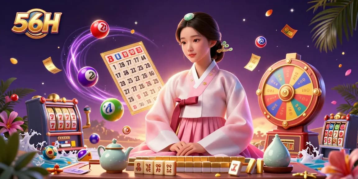 Engage with 56H and experience vibrant lottery fun through colorful elements in a lively digital scene.