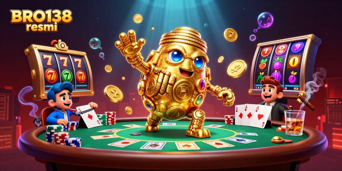 Engage in thrilling gameplay at BRO138 resmi with an ultra-detailed 3D casino illustration showcasing vibrant gambling elements.