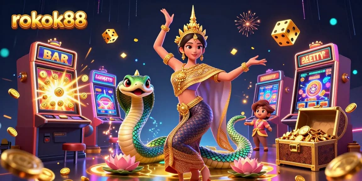Experience the excitement of rokok88 with a captivating 3D illustration featuring vibrant casino elements and characters.