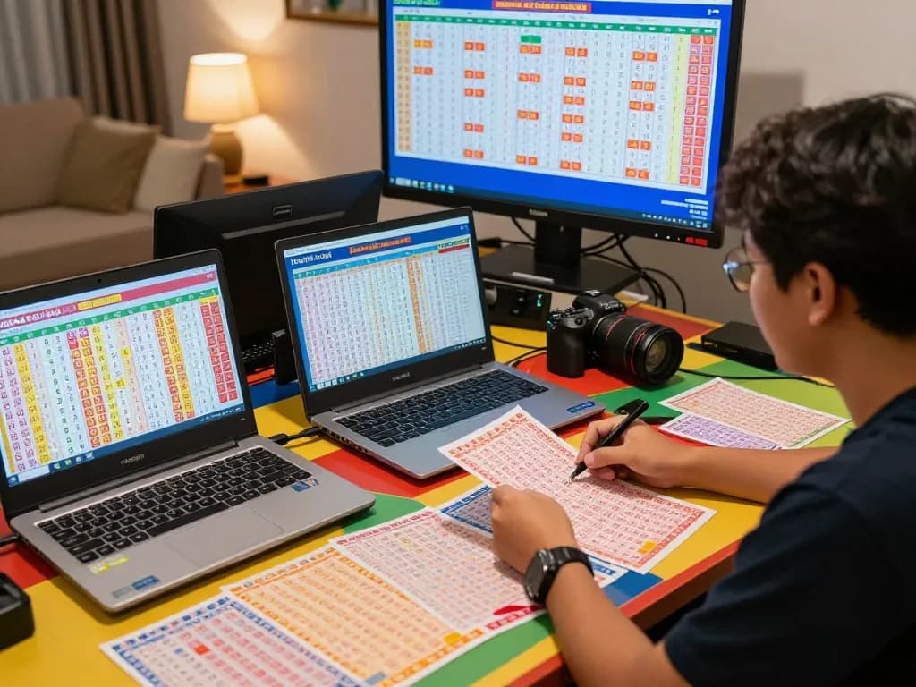 Player checking Data HK results on multiple devices in cozy gaming atmosphere.