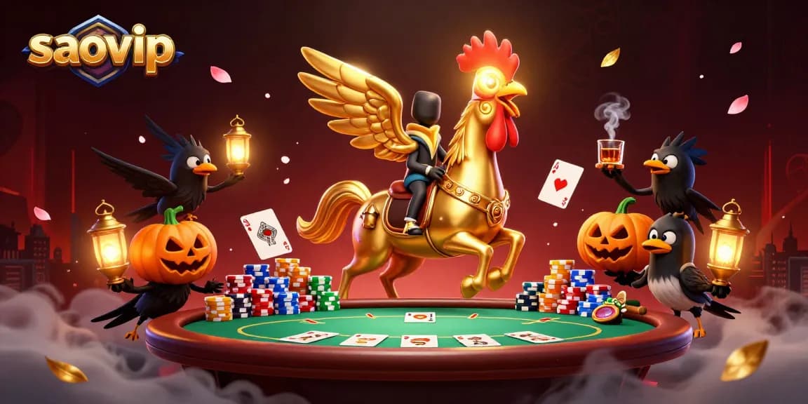 Engage in thrilling poker games at saovip with a golden rooster and spectral elements in a captivating casino.