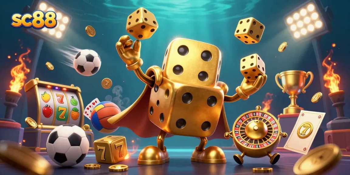 Engage with sc88's thrilling casino scene featuring a golden dice golem and slot symbols.