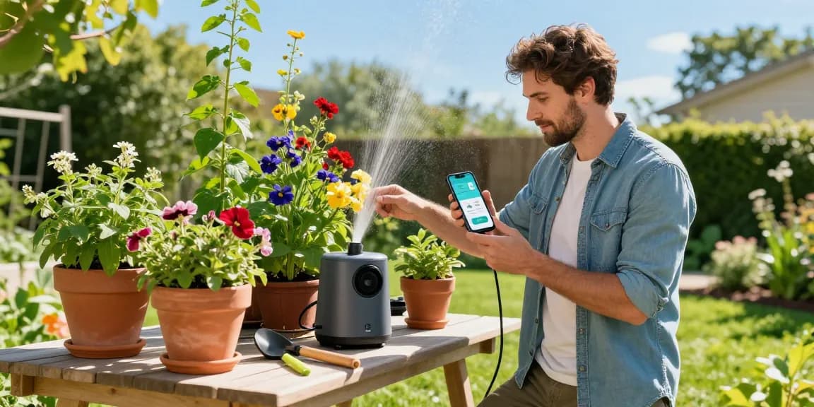 Smart sprinkler system in action, enhancing vibrant growth in a flourishing home garden.