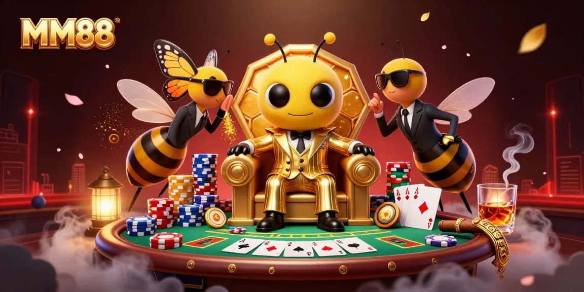 Engage with thrilling poker action at MM88 with a lively casino illustration featuring vibrant characters and game elements.