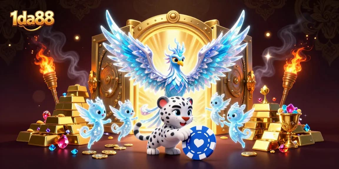 Experience the thrill at 1da88 with an ice phoenix and snow leopard in a rich casino scene.