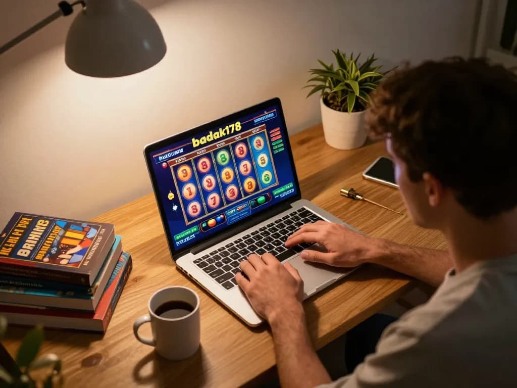 Player enjoying engaging gameplay on badak178 slots while relaxing in a cozy home office atmosphere