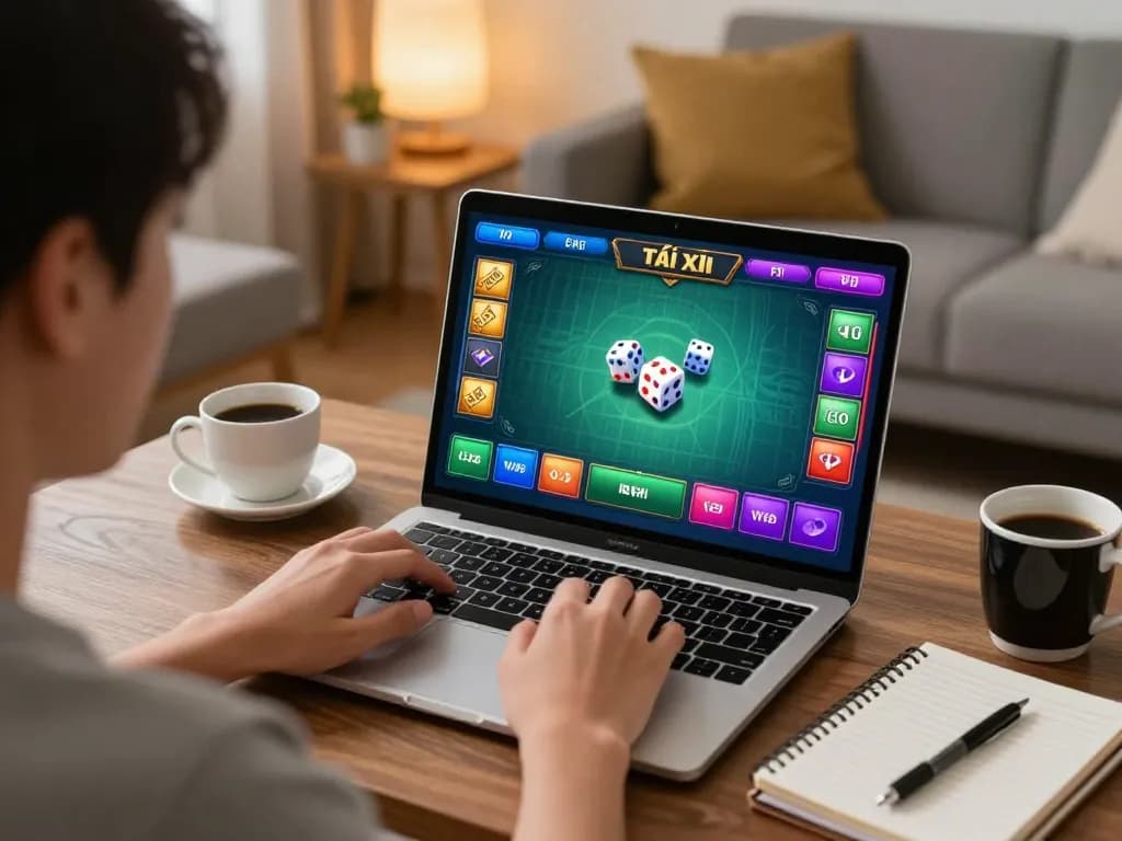 TaiXiuOnline8 player engaging in thrilling gameplay on laptop at home