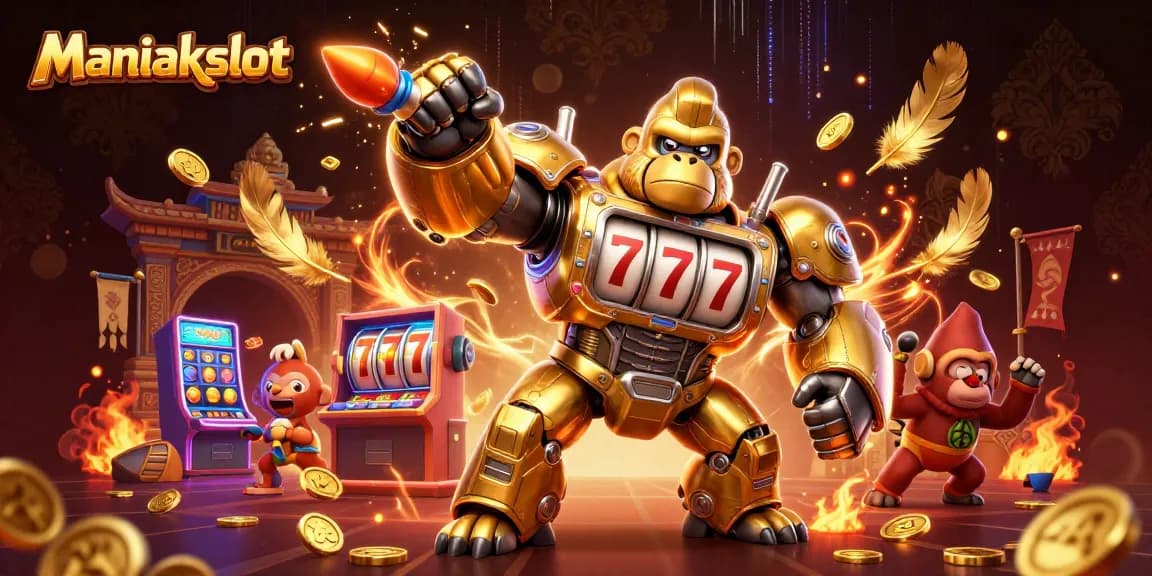 Experience the excitement of Maniakslot with a dynamic 3D scene featuring a golden gorilla mech.