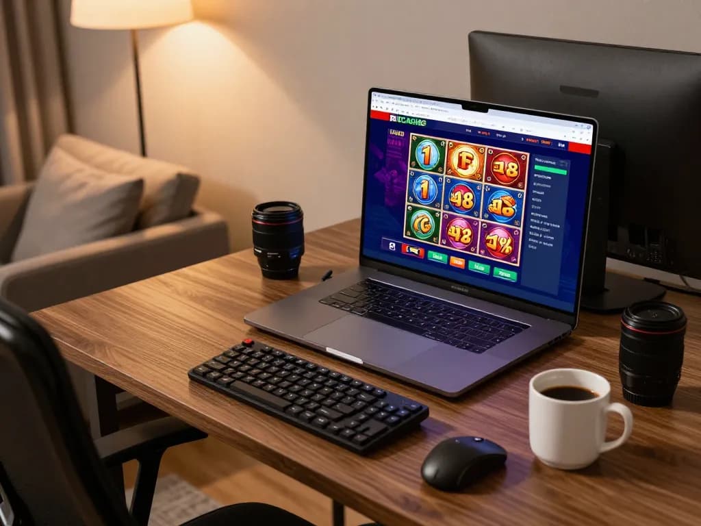 Player engaging in online slots at IDCASH88 from home using a laptop setup with warm lighting