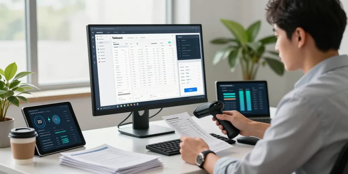 Detect fraud receipt using AI tools in a modern workspace with digital analytics.