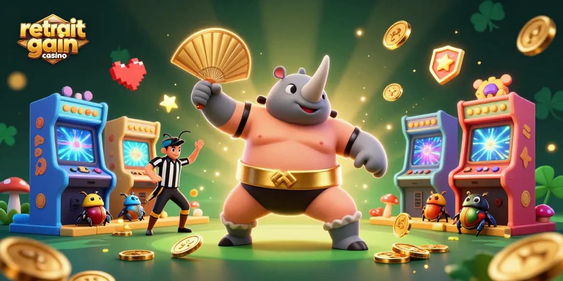 Retrait gain casino : illustration dynamique d'un scarabée sumo champion envoyant des pièces d'or en l'air