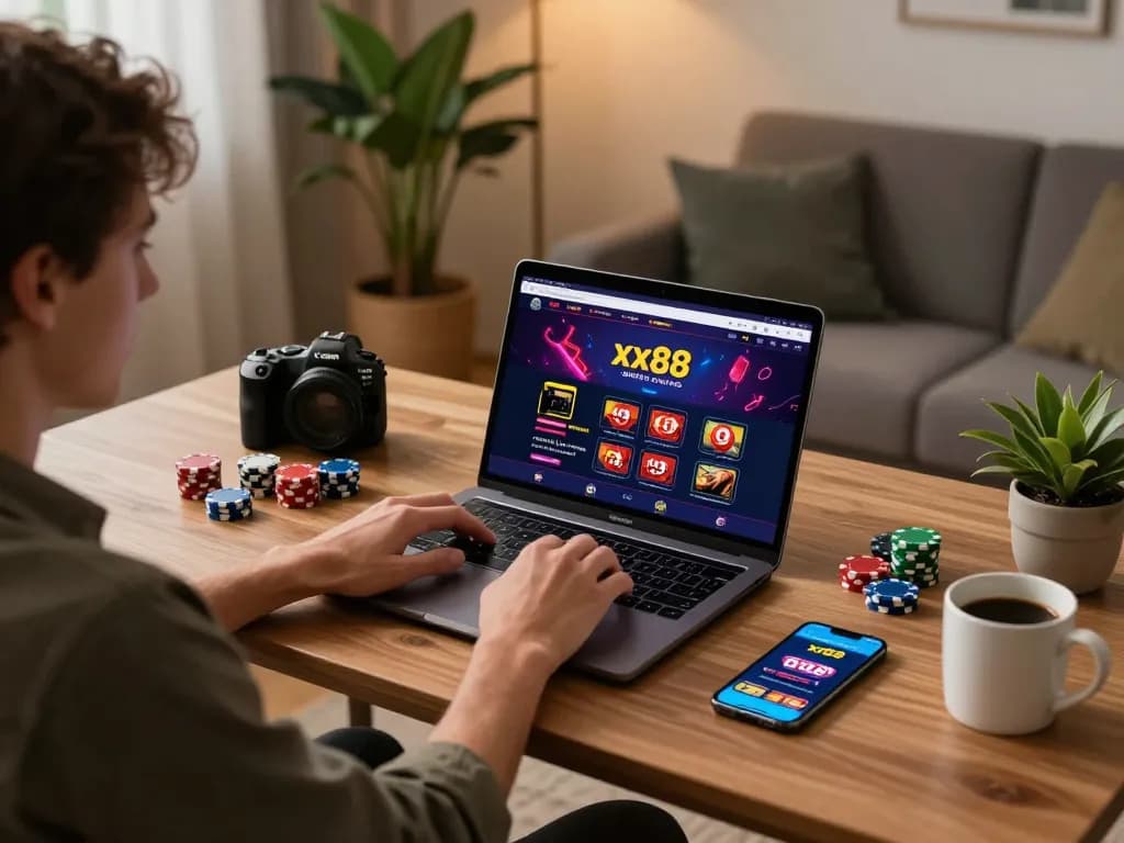 Engaged player using xx88 online casino on a laptop in a cozy home office setting
