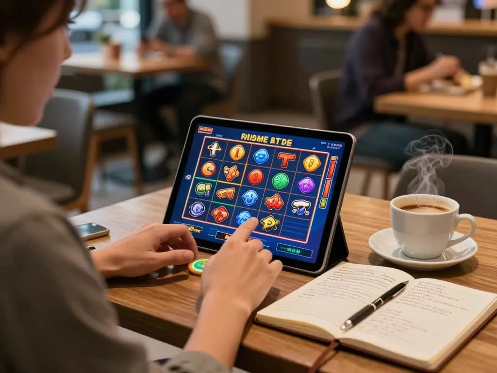 Engaged player enjoying slots on a tablet, highlighting 23win com in vibrant online gaming scene.