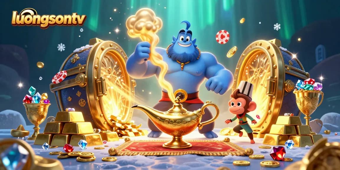 Experience thrilling wins at luongsontv with a vibrant casino scene featuring enchanting characters and treasure.