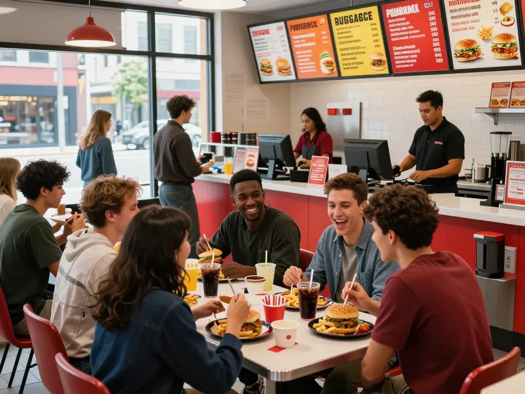 Dynamic scene of friends enjoying fast food meals while highlighting fast food prices in lively urban restaurant.