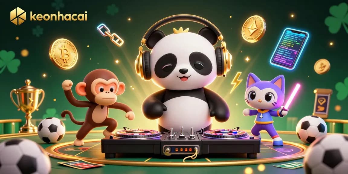 Experience excitement with keonhacai as DJ panda spins while characters celebrate sports betting action.