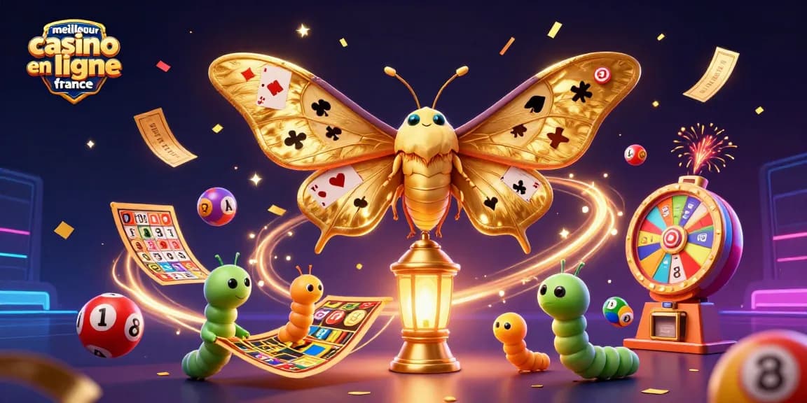 Illustration dynamique du meilleur casino en ligne en France avec un papillon 3D et des éléments de jeux colorés.