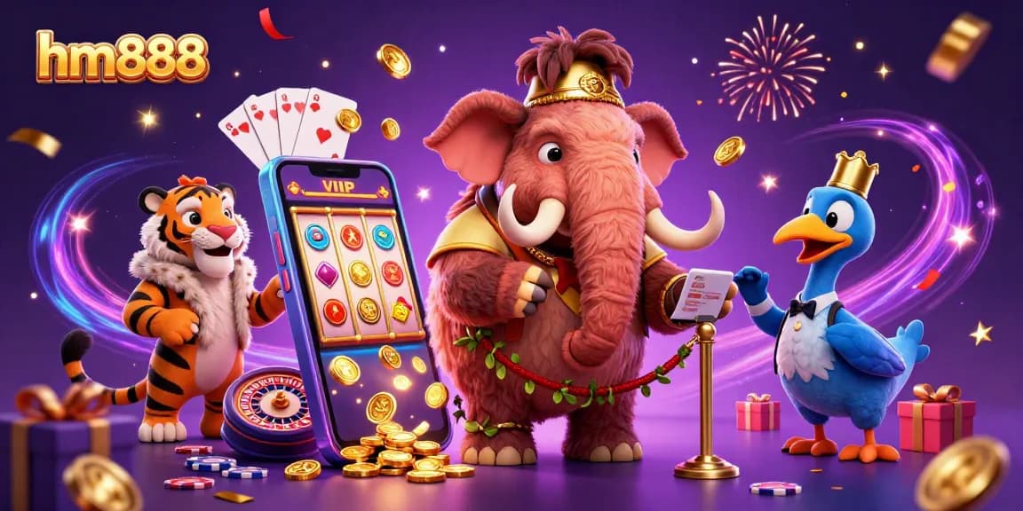 Experience the excitement of hm888 with dynamic casino elements like slots and poker in this vibrant 3D illustration.