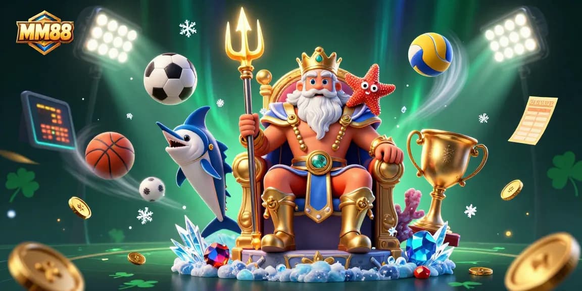 Experience the excitement of MM88 with Neptune and sports elements in a vibrant casino scene.