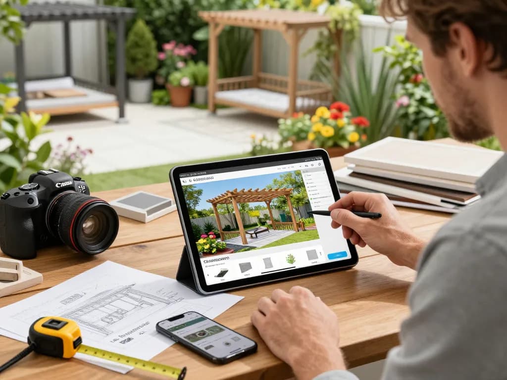 Professional using Pergola Configurator Software on a tablet amid vibrant garden, showcasing customizable pergola designs.