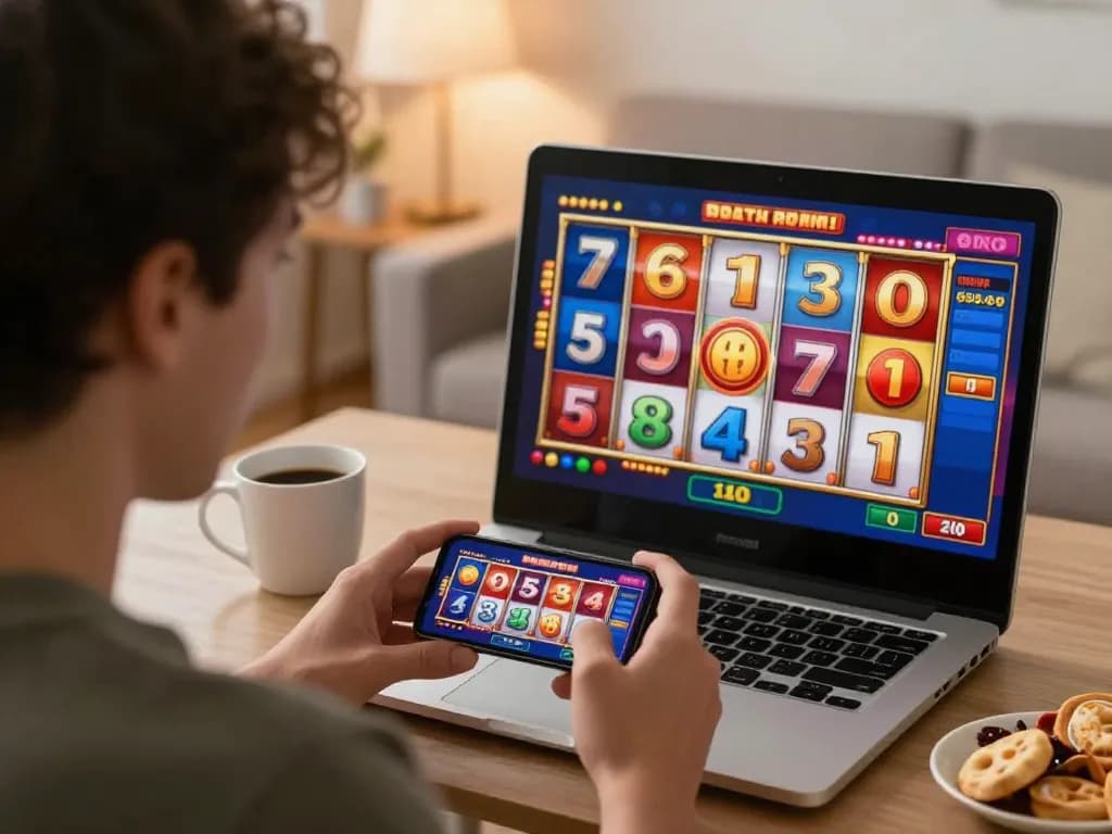 Player enjoying colorful slot games with slot depo 1000 on their smartphone, showcasing excitement in a cozy home.