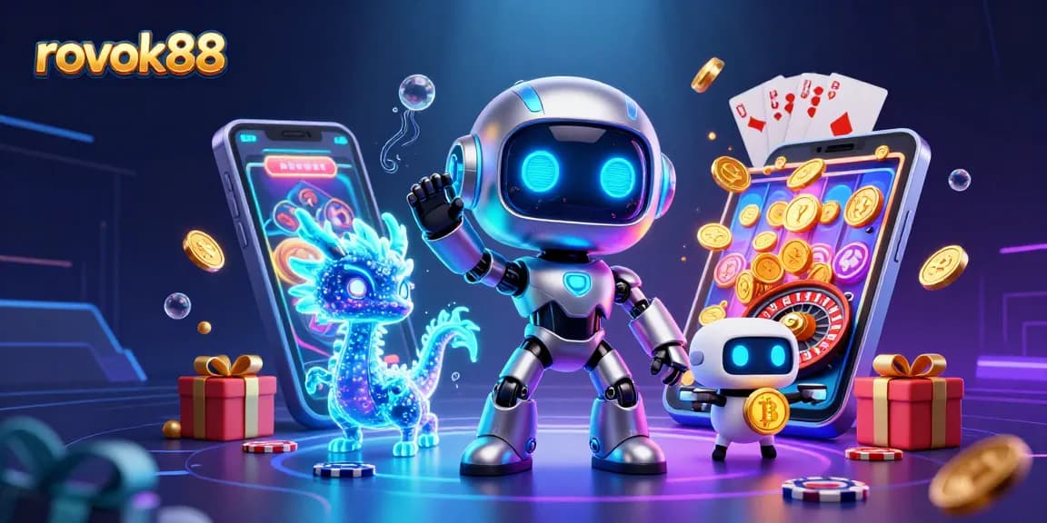 Experience the thrill of rokok88 with a cyberpunk robot and gaming elements in a vibrant casino scene.
