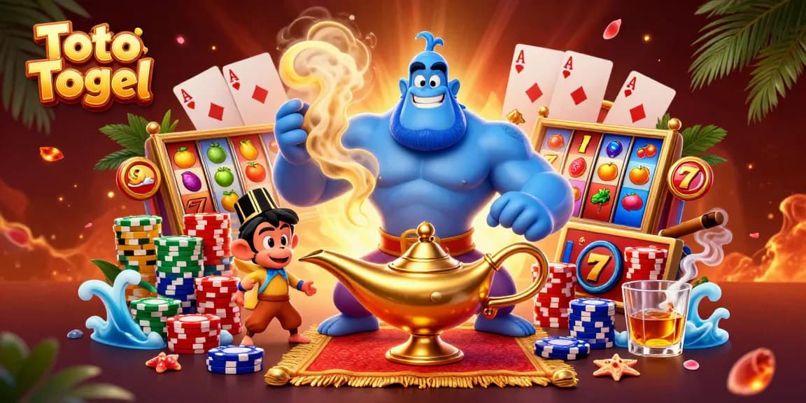 Experience the thrill of Toto Togel with a vibrant 3D illustration showcasing a magical scene with a genie, flying poker chips, and slot elements.