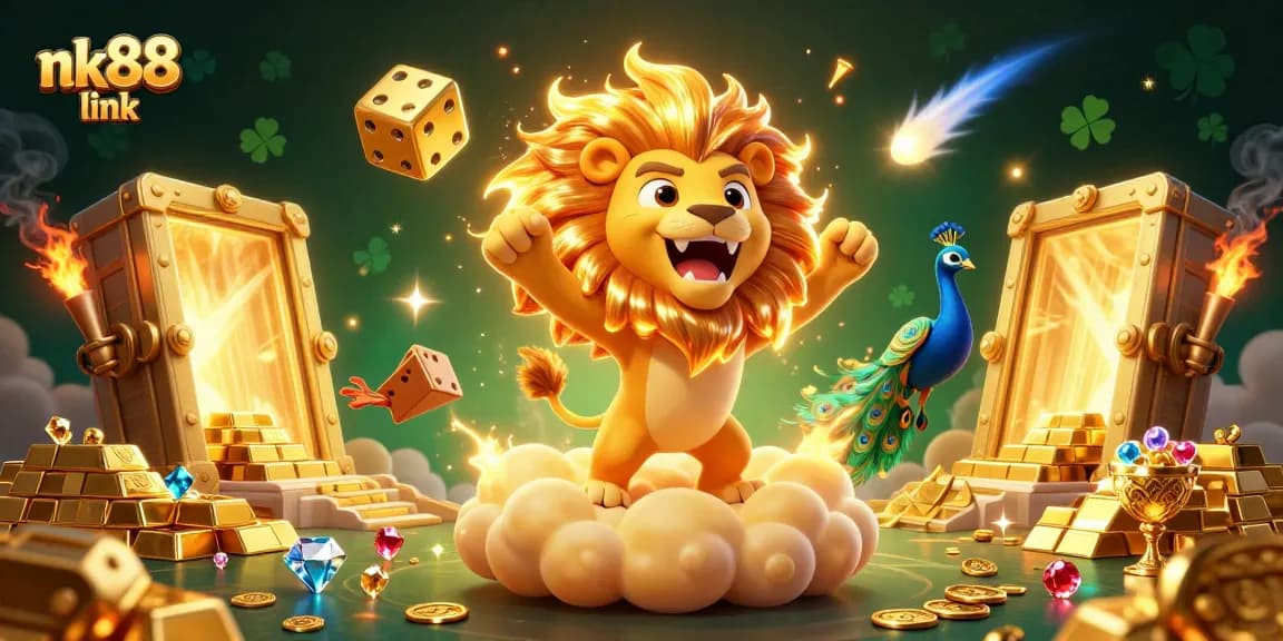 Experience thrilling wins at nk88 link with a vibrant 3D casino scene featuring golden treasures and lucky symbols!
