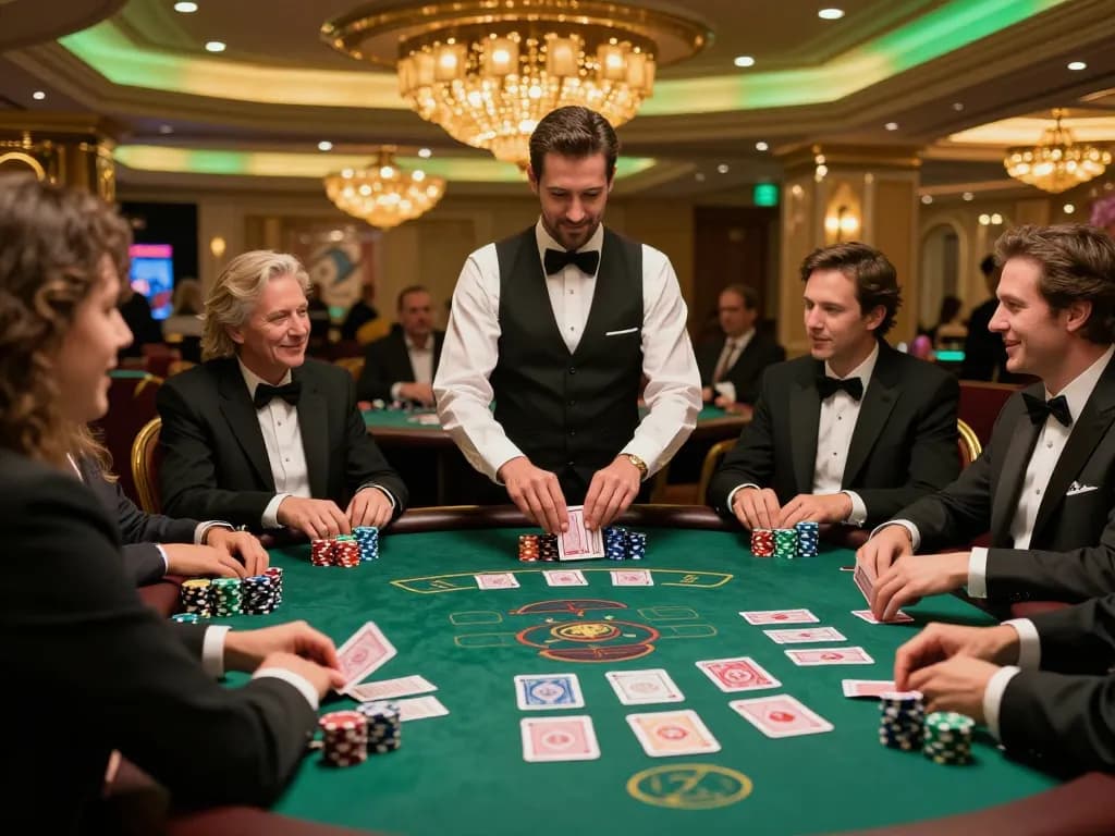 Players engaging at a blackjack table in a luxurious Vegas casino, showcasing 789win with vibrant atmosphere