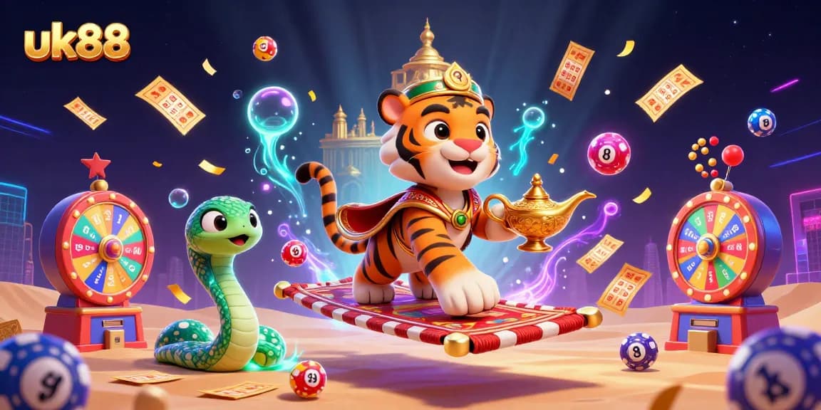 Experience the thrill of gambling with uk88 as colorful lottery balls and prize wheels surround an Arabian-themed scene.