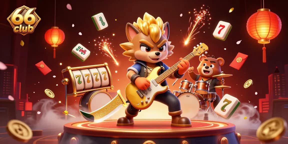 Engage in the thrilling action of 66 club with an electric guitar-wielding wolf and dynamic casino elements.