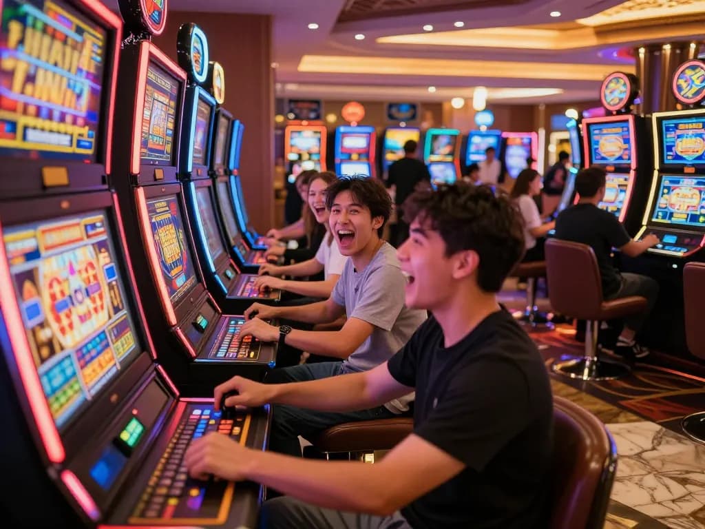 Players enjoy engaging slot777 machines in a lively casino environment full of neon lights