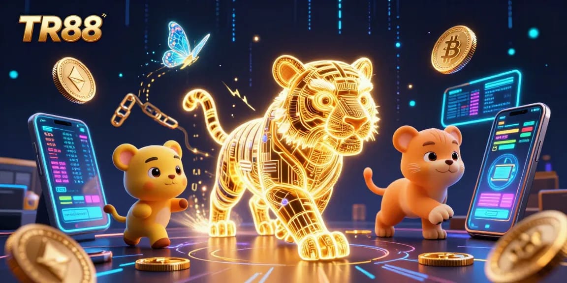 Experience winning strategies with TR88's vibrant digital casino environment filled with crypto elements.