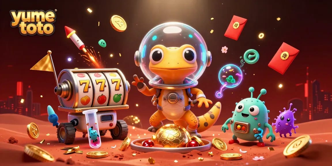 Experience vibrant yume toto slot games with a winning Martian gecko and dynamic casino background.