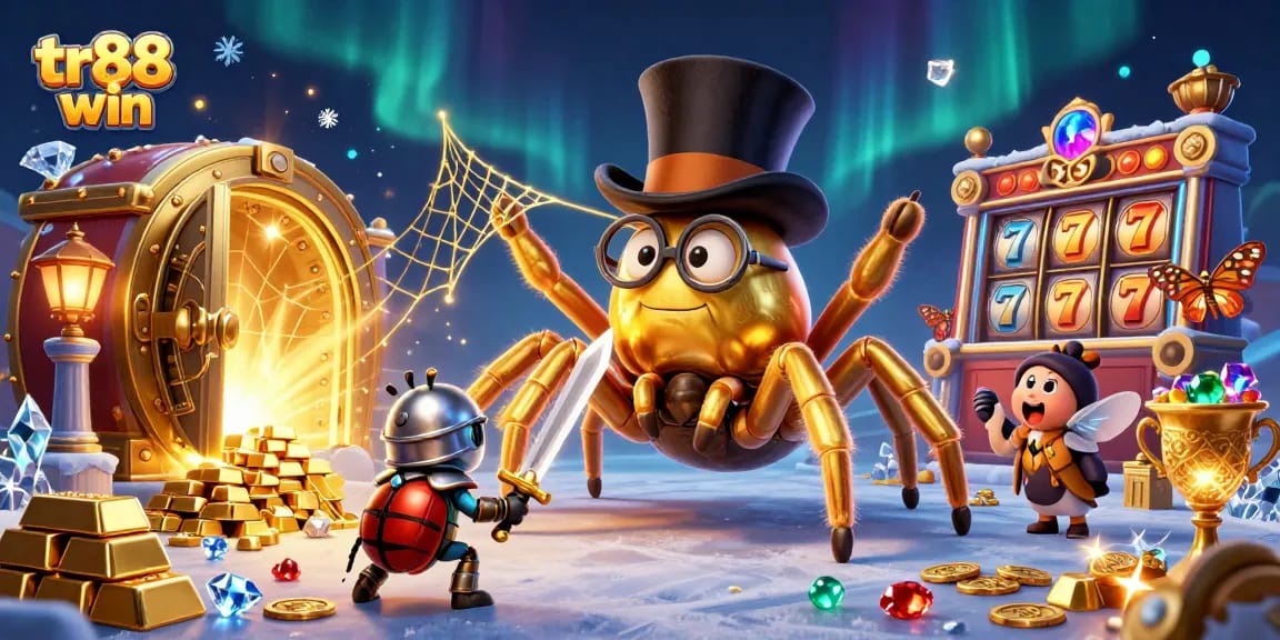 Engage with the vibrant casino world of tr88 win, featuring a golden tarantula and knight in a dynamic 3D illustration.