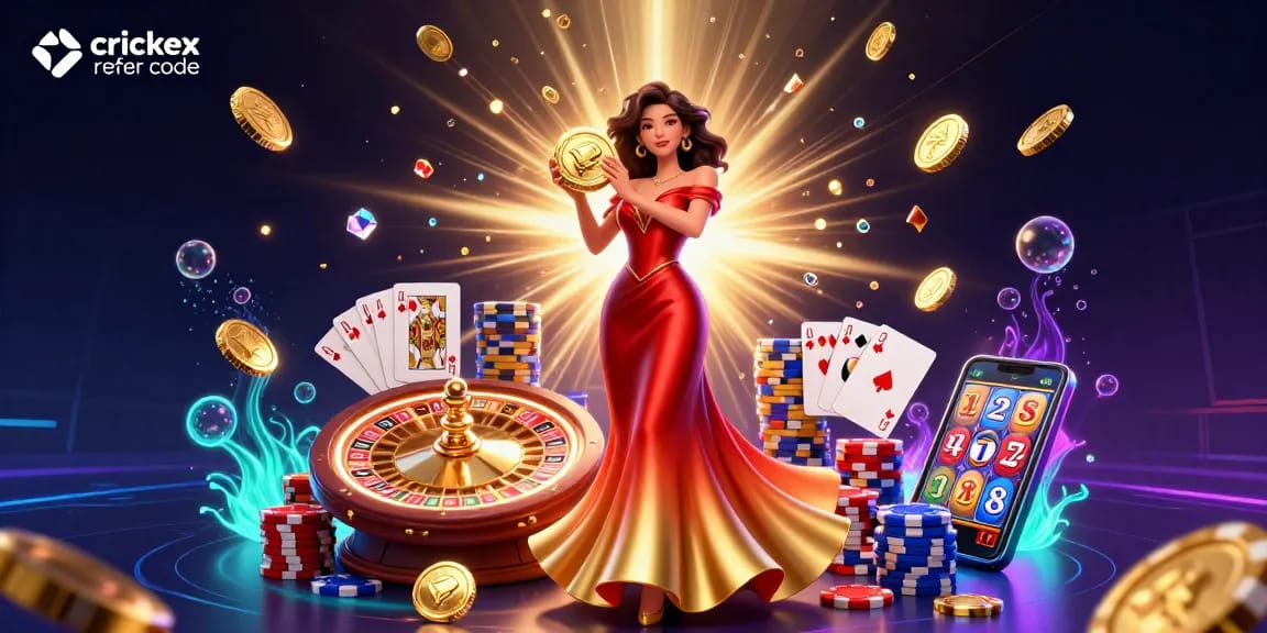 Engage with the crickex refer code while winning big in this vibrant casino-themed illustration.