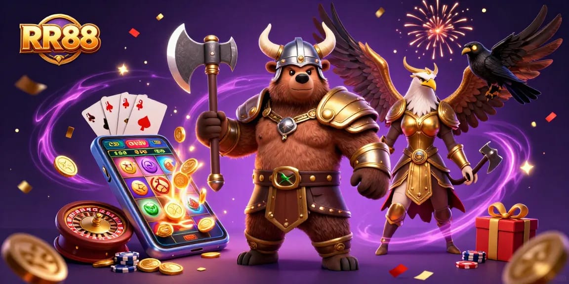 Experience the excitement of RR88 with a Viking bear, Valkyrie eagle, and thrilling casino games.