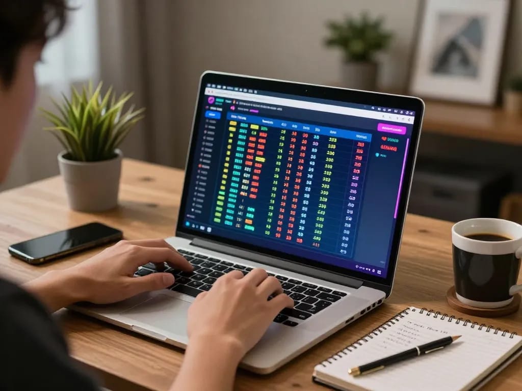 Paito macau analysis on a laptop in a cozy home office, promoting strategic gambling.