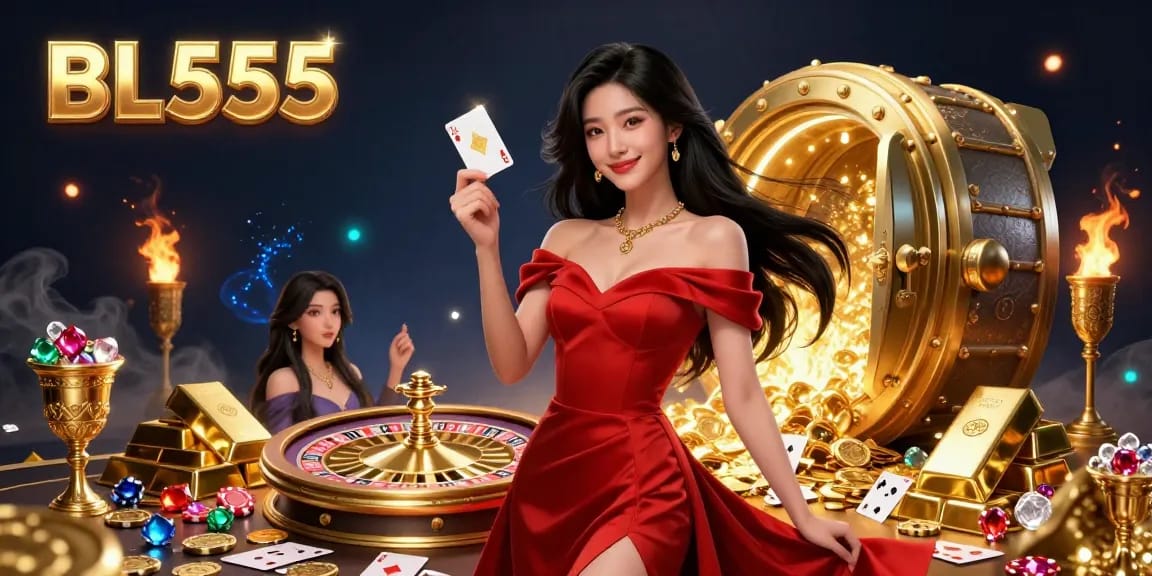 Experience thrilling games at BL555, featuring a stunning Asian dealer and luxurious casino elements.