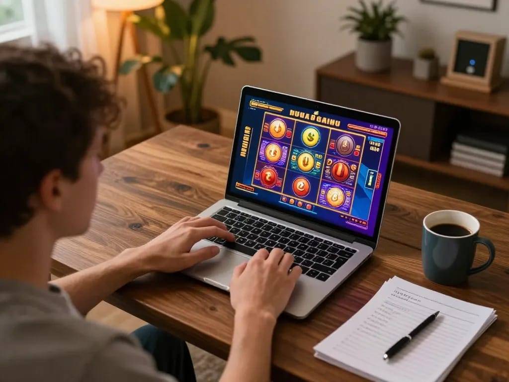Bergabung dalam permainan slot online dengan dewi88 di laptop dalam pengaturan rumah yang nyaman.