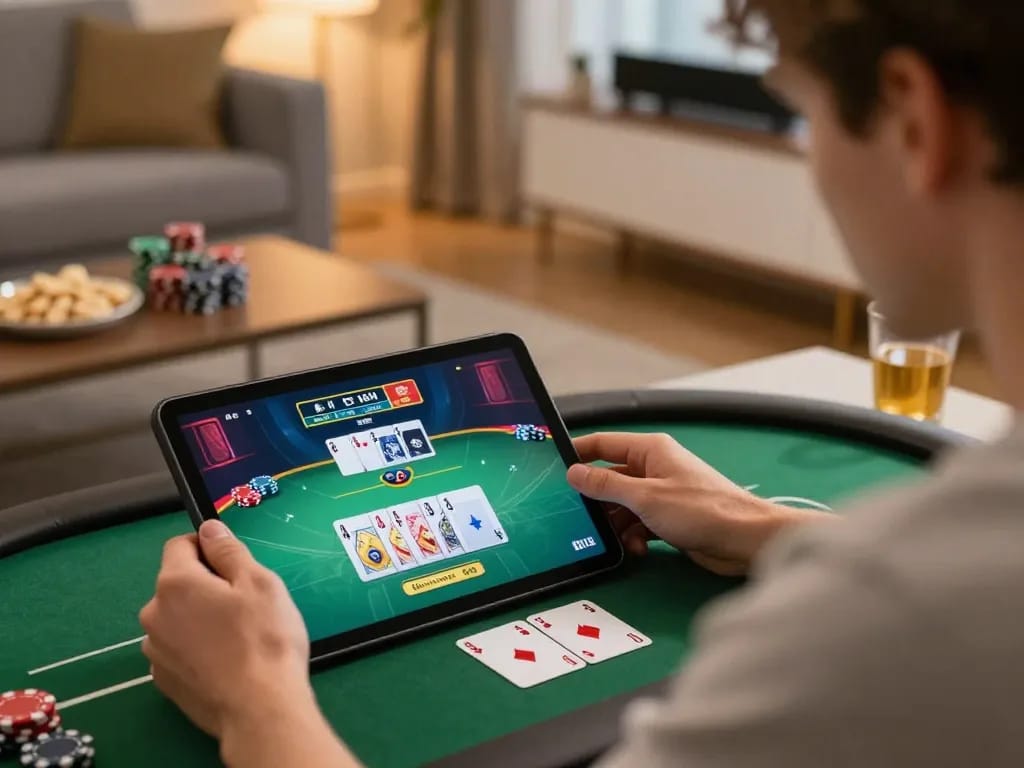 Người chơi phân tích lối chơi trên liên kết m88 trong khi thưởng thức một buổi chơi poker tại nhà thoải mái với đồ ăn nhẹ và bầu không khí tập trung