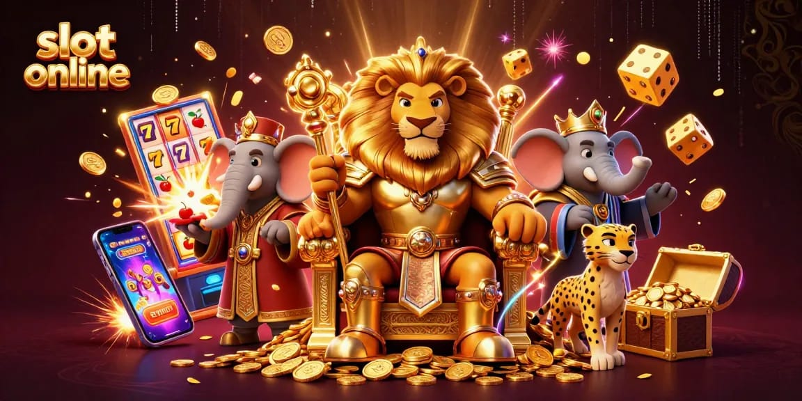 Experience thrilling slot online action with a king, elephant advisor, and cheetah in a vibrant casino scene.